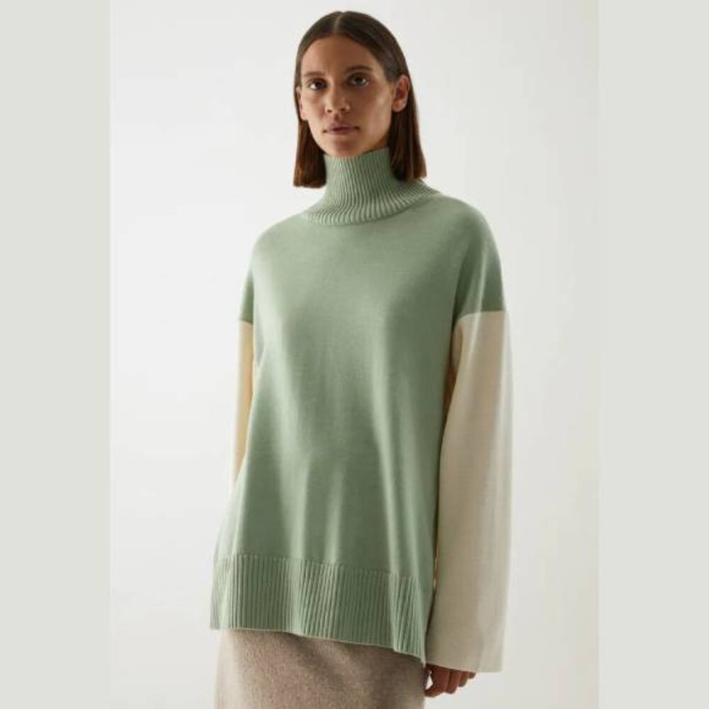 COS Merino Wool Sweater Contrast Knit Oversized Pullover Turtleneck